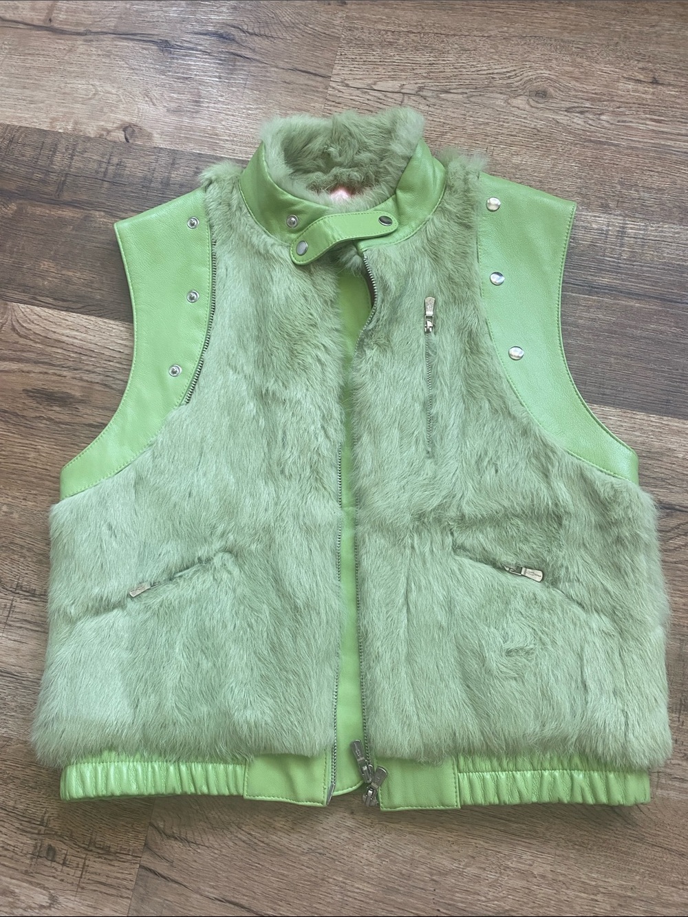 One Girl Who Rabbit Fur Leather Green Vest Womens Large